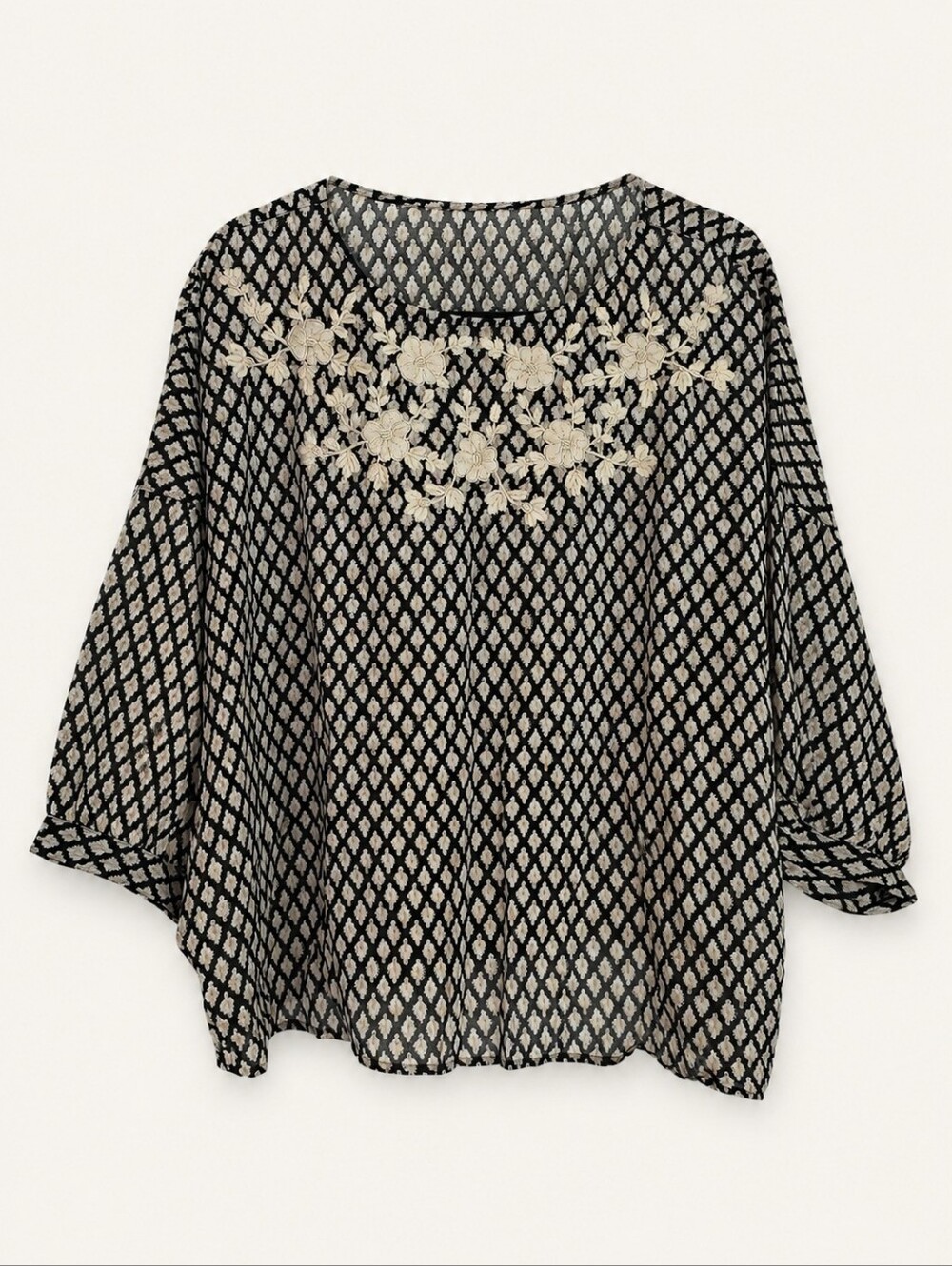 J.Jill Embroidered Tunic Top Black Cream Boho Size Large